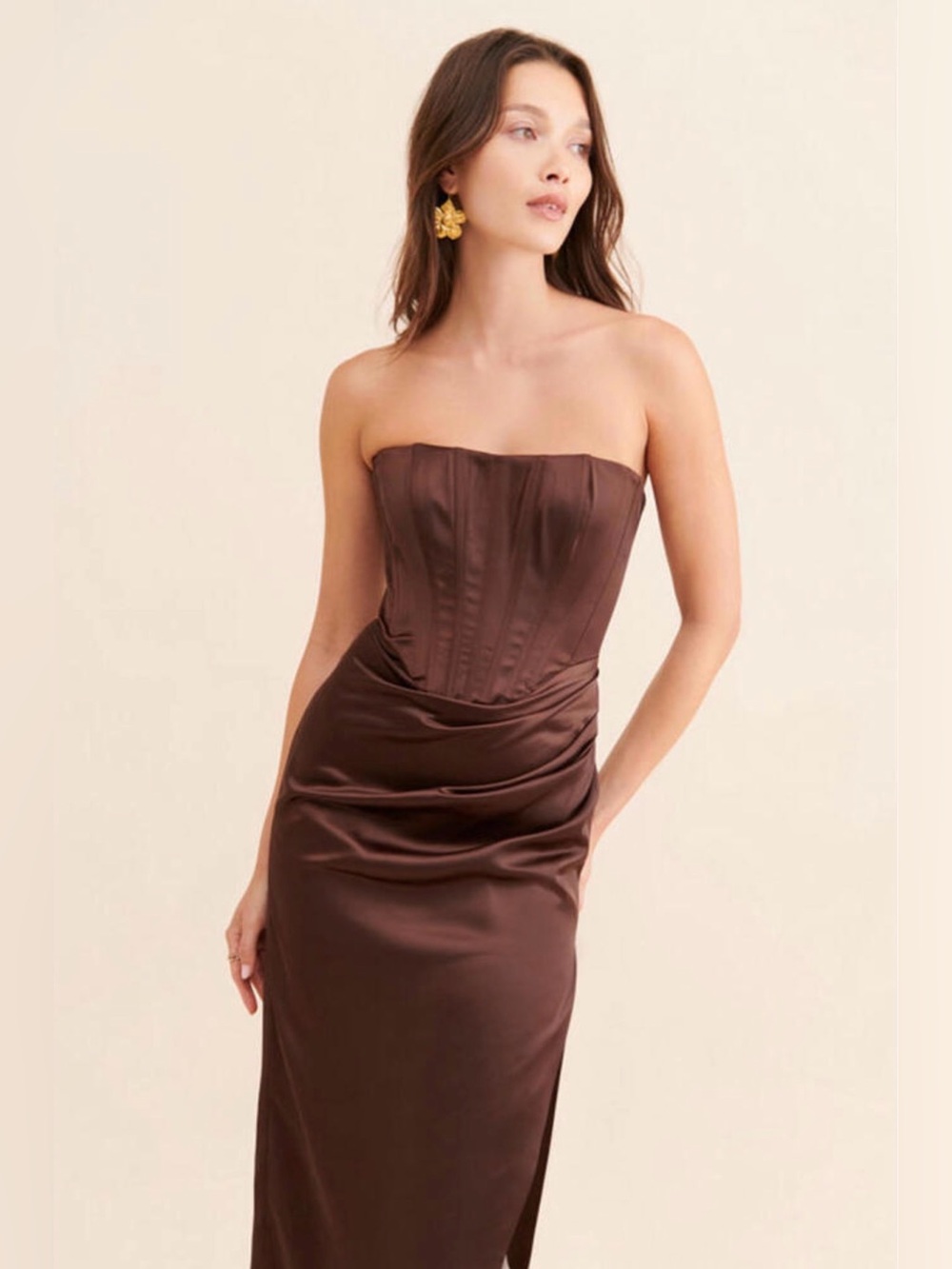 BARDOT Everlasting Strapless Brown Satin Evening Dress - Small/US 4 - Picture 2 of 11